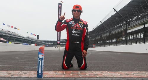 Helio Meza Kisses the Bricks at Indy